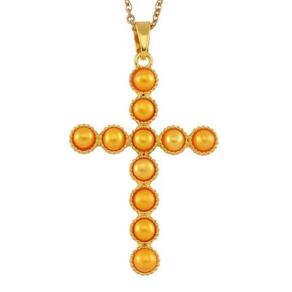 Golden Freshwater Pearl Cross Pendant 20” Necklace New - Picture 1 of 6
